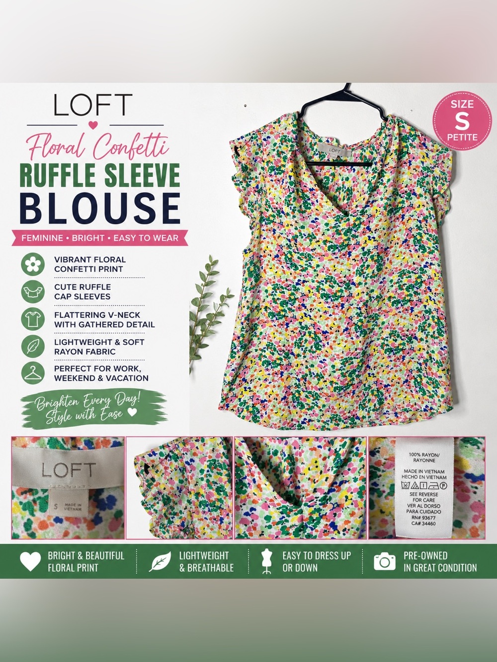 LOFT Multicolor Floral Confetti Ruffle Sleeve Blouse
